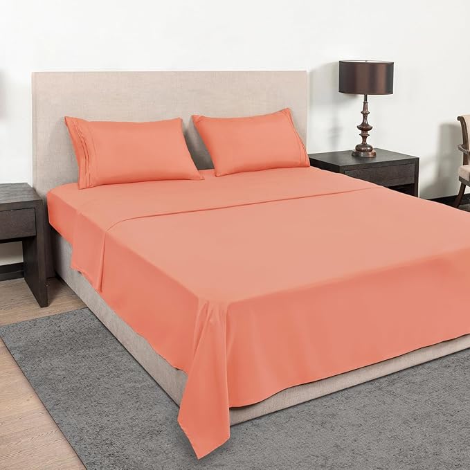 Mejoroom Queen Size Sheet Set - Hotel Luxury 1800 Bedding Sheets & Pillowcases - Deep Pocket Fitted Sheet, Soft, Breathable, Wrinkle & Fade Resistant - 4 Piece (Queen, Coral)