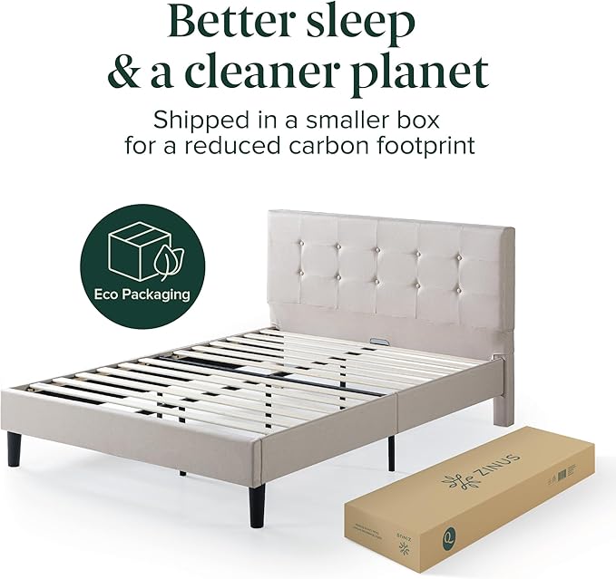 ZINUS Ibidun Upholstered Platform Bed Frame, Mattress Foundation, Wood Slat Support, No Box Spring Needed, Eco Friendly WonderBox (TM), Easy Assembly, Soft Beige, King