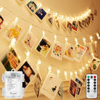 Decute 50LED Photo Clips String Lights Holder Timer Function 8 Modes Dimmable with Remote, 17FT Fairy Starry Lights for Christmas Card Bedroom Wedding Party Hanging Photos Pictures Memos, Warm White