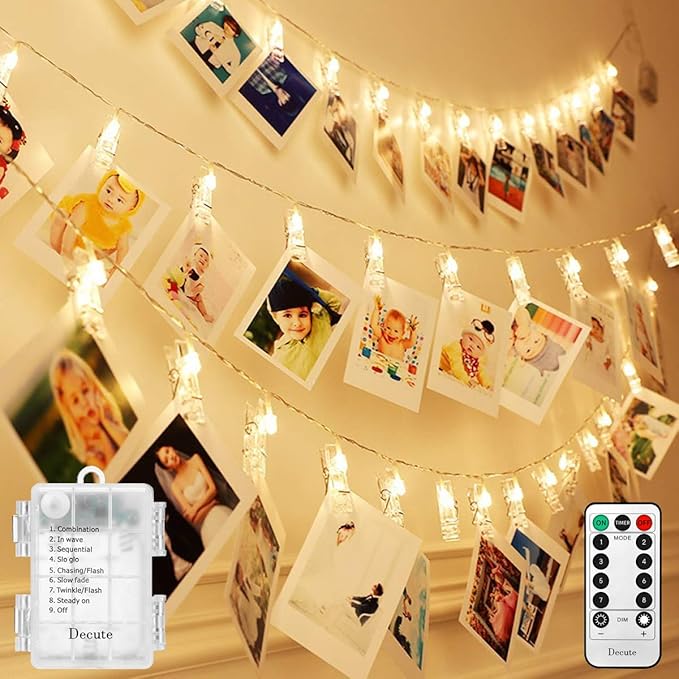 Decute 50LED Photo Clips String Lights Holder Timer Function 8 Modes Dimmable with Remote, 17FT Fairy Starry Lights for Christmas Card Bedroom Wedding Party Hanging Photos Pictures Memos, Warm White
