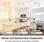zemty LED Ceiling Light Fixture, 6.5-Inch 12W 1200lm Small Flush Mount Light, Adjustable 3000K 4000K 6500K Color Temperatures, Round Flat Recessed Lamp for Kitchen Closet Hallway Laundry, Black