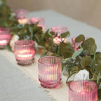 Vintage Ribbed Pink Glass Tealight & Votive Candle Holders (Set of 12) - Wedding, Bridal Shower Party Table Decor, Fall, Boho, Shelf Decoration
