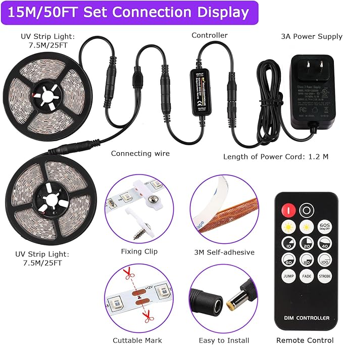 50 Foot Black Light Strips & Remote, Dimmable Flexible Blackights Strip Lights for Glow Party Body Paint Birthday Bedroom Room Fluorescent Tapestry Poster, Non-Waterproof 900 LEDs 50ft/15M