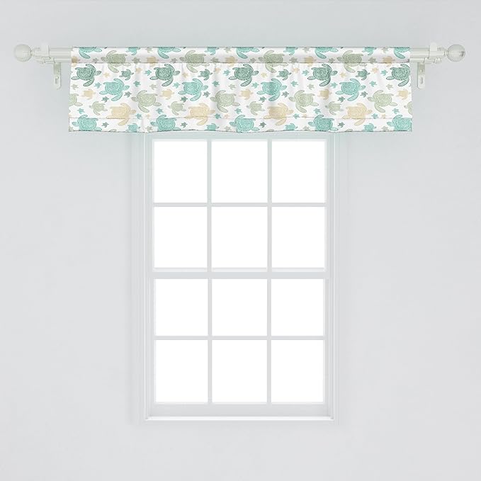 Ambesonne Turtles Window Valance Pack of 2, Illustration of Repeating Motifs of Animal Print in Assorted Tones, Rod Pocket Curtain Valances for Kitchen Bedroom, 42" X 12", Seafoam and Grey Yellow