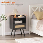 SUPERJARE Nightstand with Charging Station & Rattan-Like Decor Drawer, Rattan End Table with Solid Wood Feet, Bed Side Table with Open Storage, for Bedroom, Living Room, Dormitory - Black