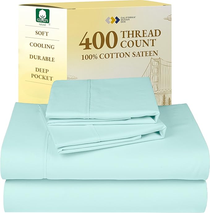 California Design Den 400 Thread Count Natural 100% Cotton Sheets, King Bed Sheets Set with Deep Pockets, Sateen, Durable & Breathable Bedding - Seafoam