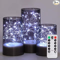 Homemory Flickering Flameless Candles with Remote, Embedded String Lights in Acylinder Vase, Battery Operated Fake Candles, Gray LED Candles with Timer for Home Decor, 8 Mode Lights, Set of 3