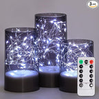 Homemory Flickering Flameless Candles with Remote, Embedded String Lights in Acylinder Vase, Battery Operated Fake Candles, Gray LED Candles with Timer for Home Decor, 8 Mode Lights, Set of 3