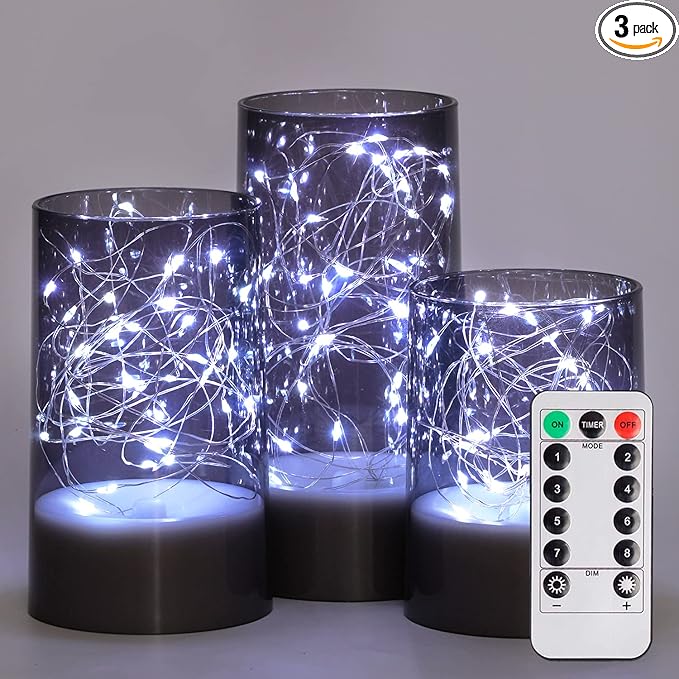 Homemory Flickering Flameless Candles with Remote, Embedded String Lights in Acylinder Vase, Battery Operated Fake Candles, Gray LED Candles with Timer for Home Decor, 8 Mode Lights, Set of 3