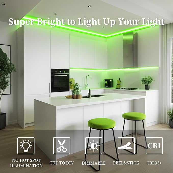 iNextStation COB LED Strip Light Green 16.4FT 5M, DC12V CRI 93+ Dimmable Flexible LED Tape Lights for Bedroom, Kitchen, TV Backlight, Cupboard, Wardrobe, Home Lighting Decor