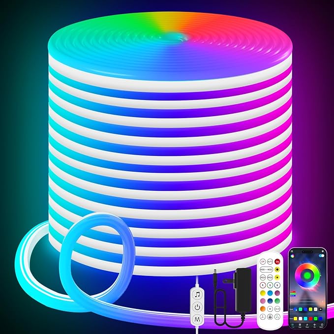 LED Neon Rope Lights, 19.68ft RGB LED Light Strip, 24V Music Sync App/Remote Control DIY Rope Light, IP67 Waterproof Gaming Neon Strip Lights for Bedroom Indoor Oudoor Décor