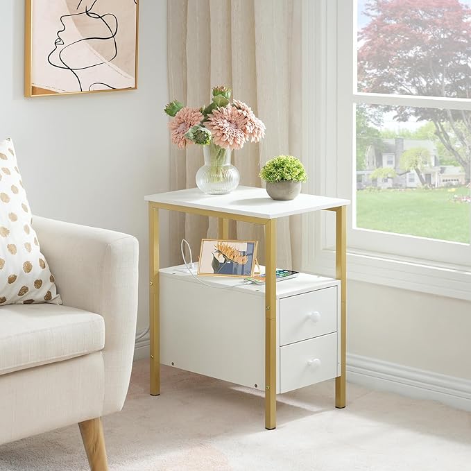 HOOBRO End Table with Charging Station, Narrow Side Table with 2 Drawer & USB Port & Power Outlets, Nightstand for Small Spaces, Stable and Sturdy, for Living Room, Bedroom, Gold and White DW541BZ01