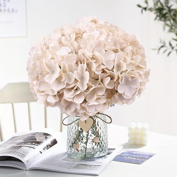 AVIVIHO 65pcs Fake Flowers Beige Hydrangea Artificial Flowers Bulk Realistic Hydrangeas Silk Flowers with Stems for Western Boho Decor, Rustic Flowers Home Weddings,Party Table Decorations