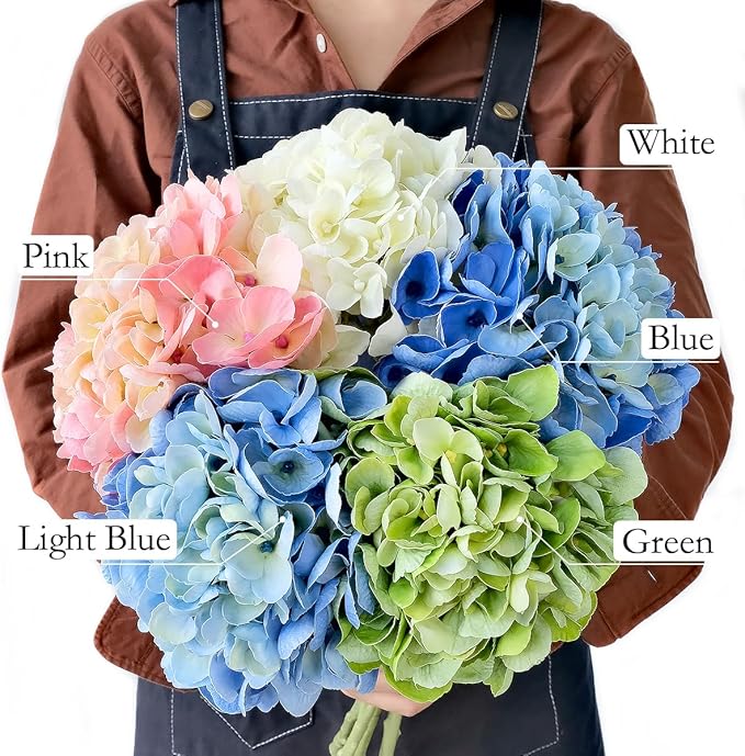 2Green+2White Real Touch Vintage Artificial Hydrangeas, 21" Faux Hydrangea Flowers for Wedding Bouquet Decoration,Fake Hydrangea Silk Flowers for Christmas Centerpieces Tables Party Home