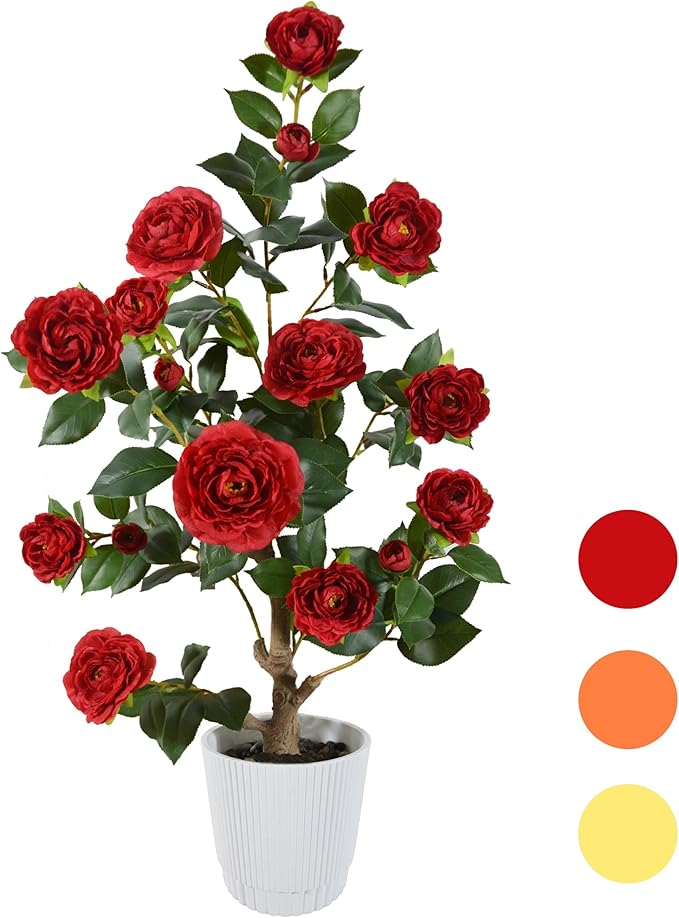 Artificial Camellia Tree 3ft, Fake Plant in White Pot, Faux Camellia Silk Flower Potted Tree for Indoor Outdoor Home Livingroom Office Decor (Red)