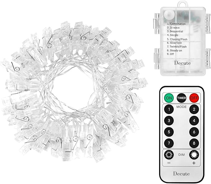 Decute 50LED Photo Clips String Lights Holder Timer Function 8 Modes Dimmable with Remote, 17FT Fairy Starry Lights for Christmas Card Bedroom Wedding Party Hanging Photos Pictures Memos, Warm White