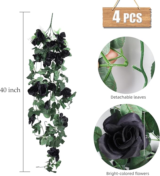 RECUTMS Artificial Hanging Rose Flower 4Pieces 3.3Ft Flowers for Outdoors with 30 LED Fairy String Lights Fake Indoor Wall Wedding (Black)