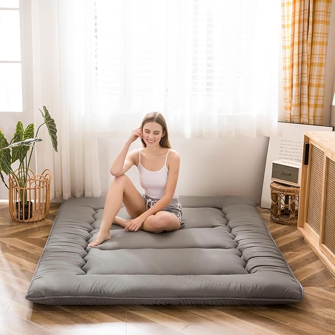 MAXYOYO Japanese Floor Mattress Futon Mattress, Thicken Tatami Mat Sleeping Pad Foldable Roll Up Mat for Boys Girls Dormitory Kids Floor Bed, Charcoal Grey, Twin