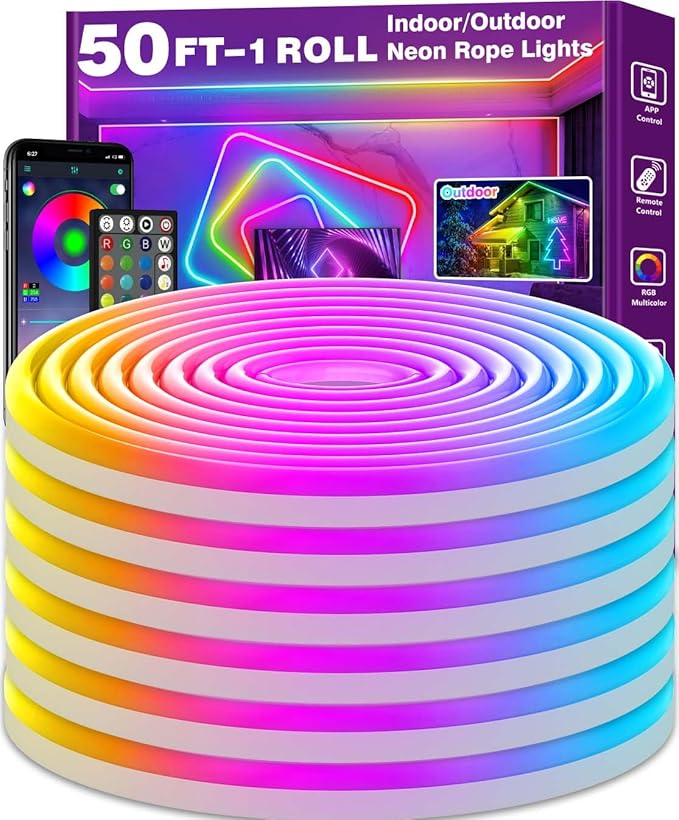 50Ft Neon Rope Lights,Flexible Led Rope Lights Control with App/Remote,Multiple Modes Rope Lights,IP65 Outdoor RGB Led Neons Lights,Music Sync Gaming Led Neon Light Strip for Bedroom Decor (50FT)