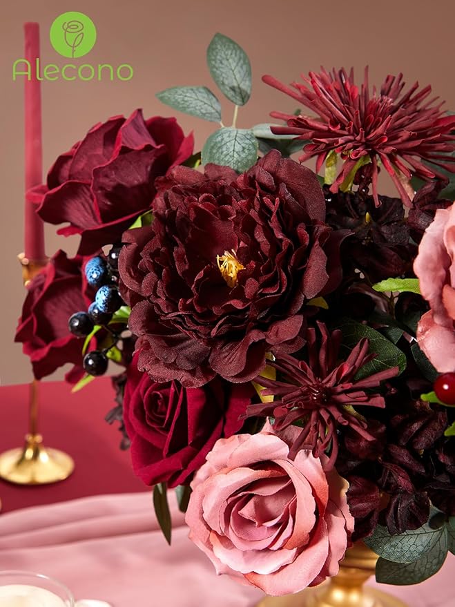 Alecono Artificial Flowers, Burgundy Silk Fake Flowers for DIY Wedding Bridal Bouquets, Red Cake Flowers for Wedding Table Centerpieces Birthday Party Home Decorations