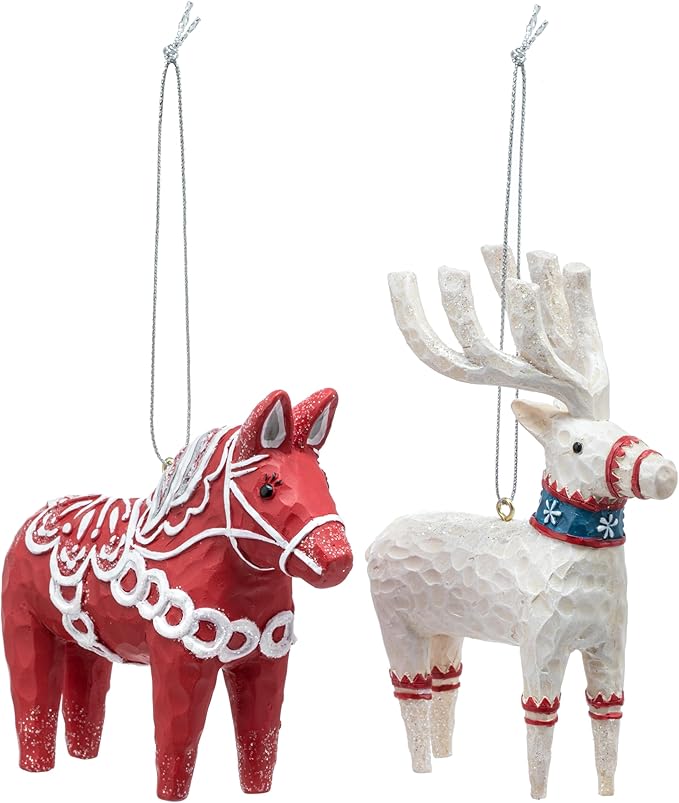 DEMDACO Cozy Time Red, White 3.5 x 3 Inch Resin, Polyester Christmas Tree Decoration, Festive Holiday Décor, Hanging Ornaments, Set of 2, Scandinavian Lucky Horse and Deer