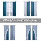 BONZER Mix and Match Curtains - 2 Pieces Branch Print Sheer Curtains and 2 Pieces Blackout Curtains for Bedroom Living Room Grommet Window Drapes, 54x95 Inch/Panel, Teal, Set of 4 Panels