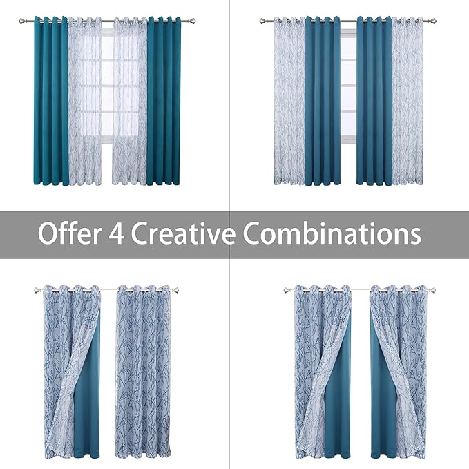 BONZER Mix and Match Curtains - 2 Pieces Branch Print Sheer Curtains and 2 Pieces Blackout Curtains for Bedroom Living Room Grommet Window Drapes, 54x95 Inch/Panel, Teal, Set of 4 Panels
