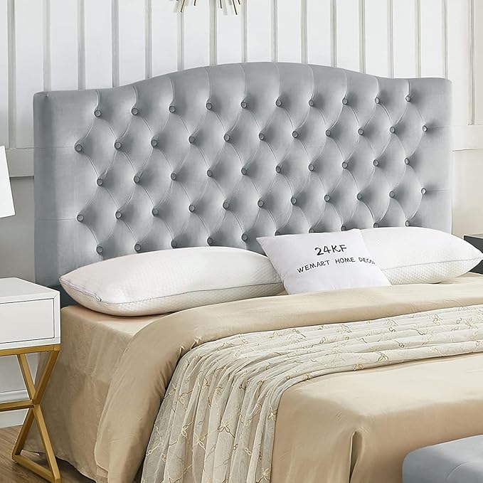24KF Upholstered Tufted Button Velvet Headboard,Comfortable Fashional Headboard Queen/Full Size, Gray