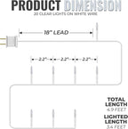 612 Vermont Clear 20 Count Christmas String Lights on White Wire Cord, UL Approved for Indoor Use Only, Total Length 4.9 Foot, Lighted Length 3.4 Foot