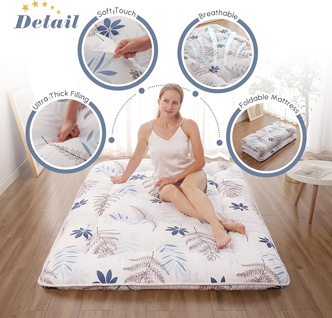 Japanese Floor Mattress, Futon Mattress with Portable Storage Bag and Washable Cover, Roll Up Thick Tatami Mat Suitable for Camping, Guest Room, White Leaf, Full