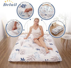 Japanese Floor Mattress, Futon Mattress with Portable Storage Bag and Washable Cover, Roll Up Thick Tatami Mat Suitable for Camping, Guest Room, White Leaf, Full