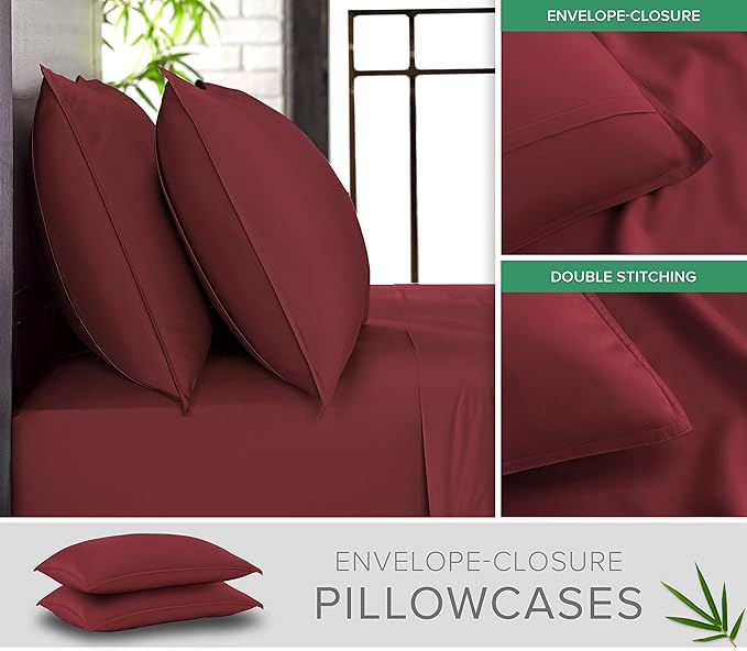 Queen Sheets by Pure Bamboo, Genuine 100% Organic Viscose Derived from Bamboo Bed Sheet Set, Luxuriously Soft & Cooling, Double Stitching, Lifetime Quality Promise (Queen, Merlot)