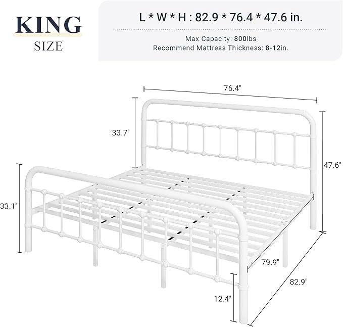 Allewie King Size Metal Platform Bed Frame with Victorian Style Wrought Iron-Art Headboard/Footboard, No Box Spring Required，White