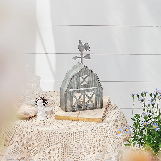 Barn Shaped Tea Light Candle Holder Farmhouse Galvanized Metal Candle Holder Vintage Decorative Tealight Holder for Table Centerpiece Decoration - 5.24" x 1.97" x 9.25"