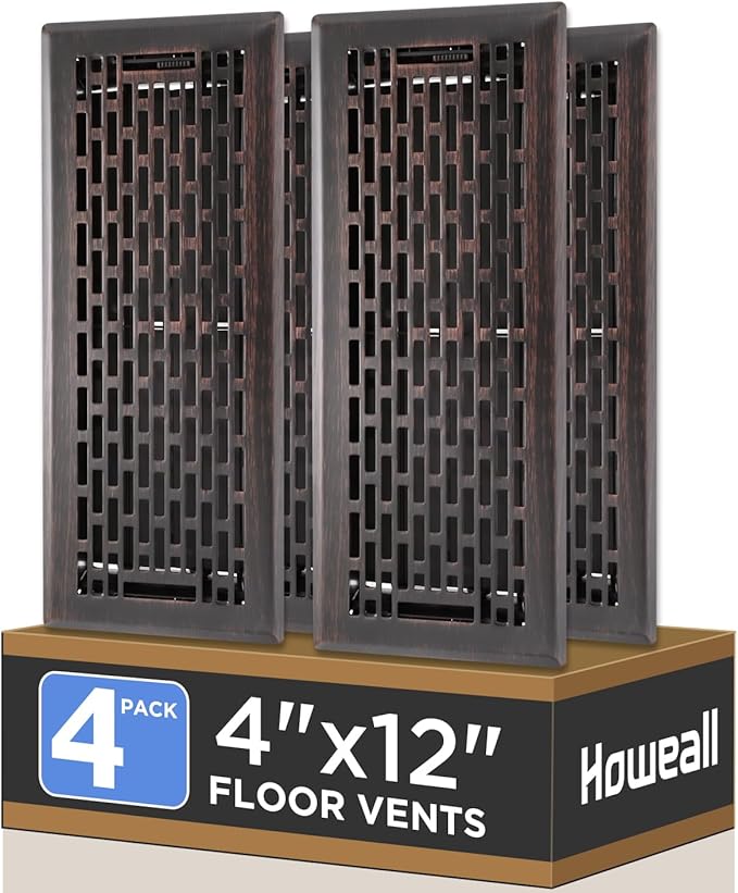 4x12 Inches 4 Pack Heavy Duty Walkable Floor Register - Easy Adjust Air Supply Lever Decorative Floor Vent Covers, Boston Design Vent Covers for Home - Oil Rubbed Bronze