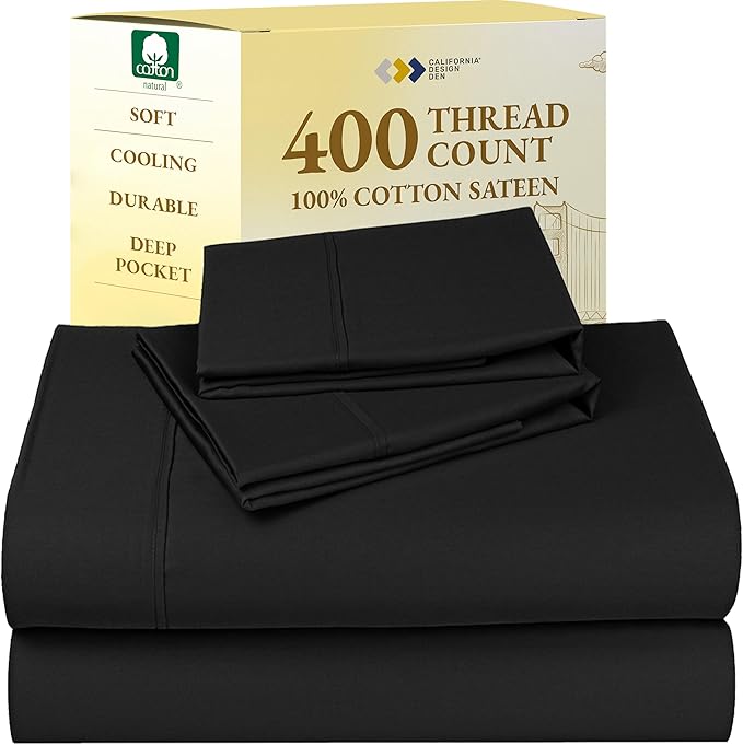 California Design Den King Size Sheets Set - 400 Thread Count Sateen, Natural 100% Cotton Sheets with Deep Pockets, Breathable, Cooling and Durable Bedding Set - Black