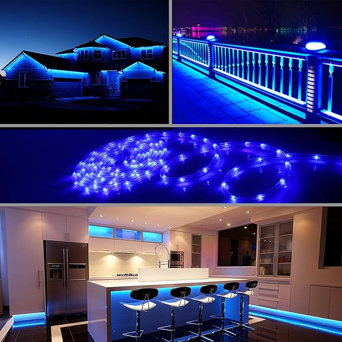 48ft Blue LED Rope Lights Outdoor Waterproof - 324 LEDs Christmas Rope Lights, 120V ETL Certified, Connectable to 192ft, w/24 Mounting Clips & Screws - Patriotic Porch Decor
