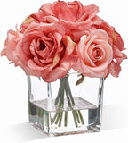 WELL KNOWN Rose Artificial Flowers in Vase with Faux Water, Silk Rose Table Centerpieces for Home Coffee Table Decor, Bean Pasty Pink Fake Roses Flower Arrangements for Office Hotel Lavatory Wedding