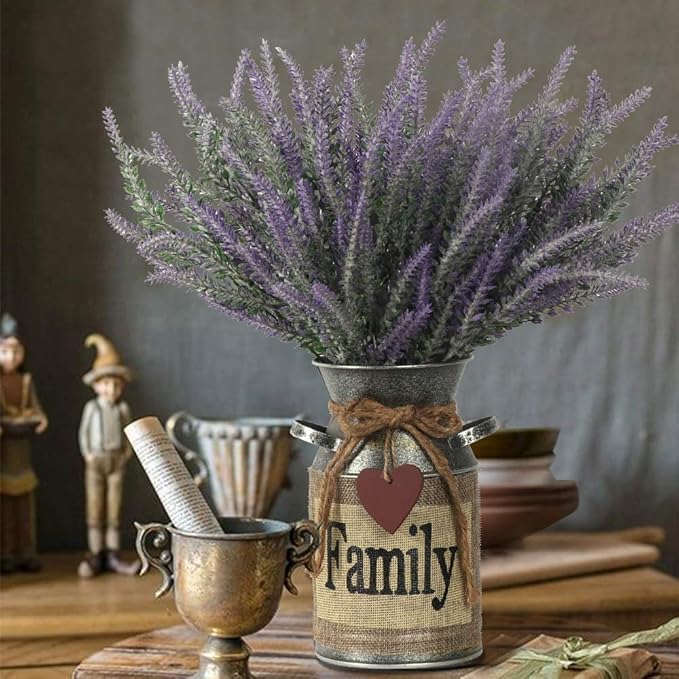 Artificial Lavender Flowers with Vase,Fake Lavender Plant Artificial in Metal Vase for Kitchen Counter Rustic Farmhouse Decor (Family,Purple)