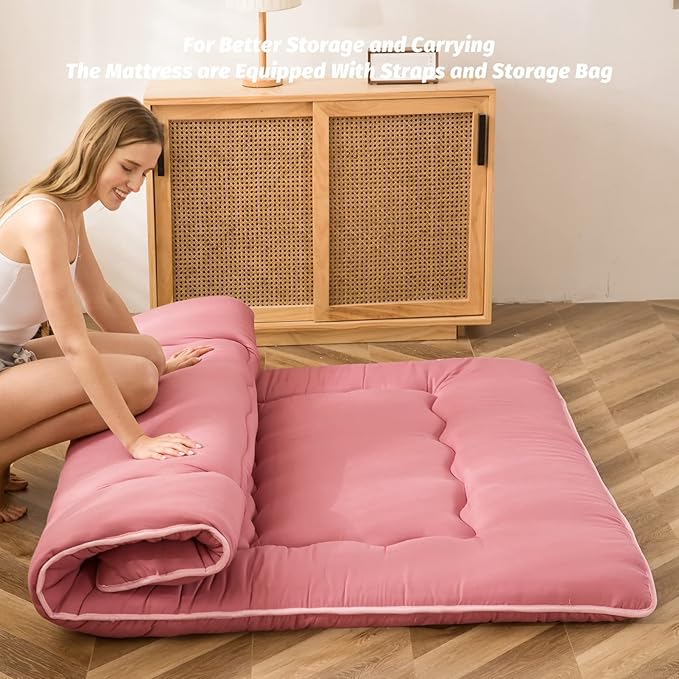 MAXYOYO Japanese Floor Mattress Futon Mattress, Thicken Sleeping Pad Foldable Roll Up Floor Futon for Adults Tatami Mat Dormitory Bed Lounger, Pink, Full Size