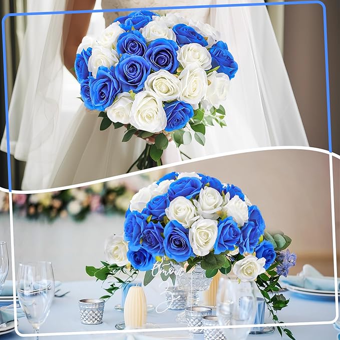 32 Pcs Blue, White Artificial Flowers Roses Fake, Silk Flowers with Stems for DIY Wedding Gothic Bridal Shower Centerpieces Arrangements Tables Decorations