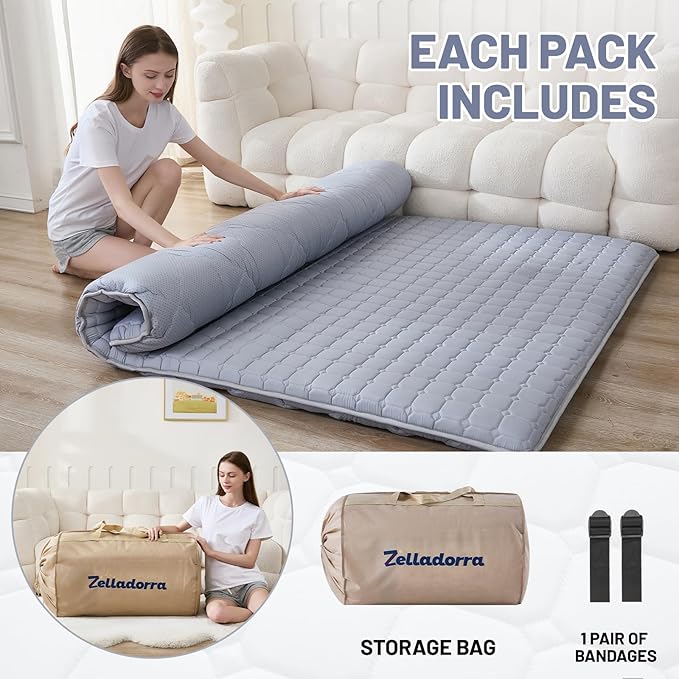 Japanese Floor Mattress Twin, Anti-Slip Japanese Futon Foldable Tatami Mat for Guests, Grey