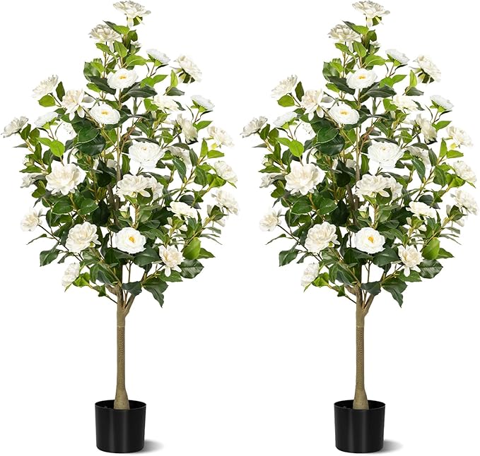 Artificial Camellia Tree 2 Pack, Artificial Plants Outdoor Faux Floral Plant in Cement Pot Fake Silk Camellia Tree Plants for Home House Living Room Office Decor
