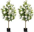 Artificial Camellia Tree 2 Pack, Artificial Plants Outdoor Faux Floral Plant in Cement Pot Fake Silk Camellia Tree Plants for Home House Living Room Office Decor