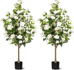Artificial Camellia Tree 2 Pack, Artificial Plants Outdoor Faux Floral Plant in Cement Pot Fake Silk Camellia Tree Plants for Home House Living Room Office Decor