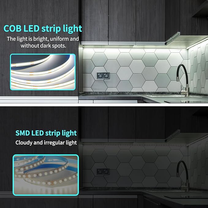 32.8ft COB LED Strip Lights 6000K White Dimmable DC 24V Flexible LED Tape Light for Bedroom, with Remote and app Control LED Light Strip,for DIY Home Decoration（White