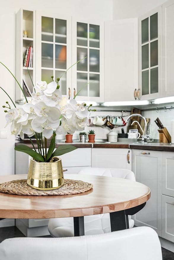 Artificial White Phalaenopsis Orchid Flower Arrangements Faux Orchid Flower in Gold Pot Orchid Centerpiece for Dining Room Table