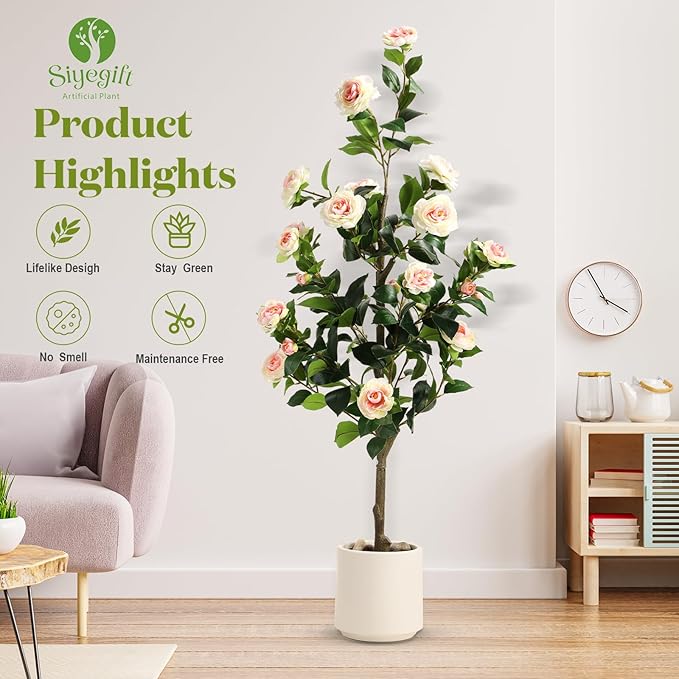 4FT Artificial Camellia Tree with White Planter & Pebbles,Faux Flower Tree with Lifelike Leaves and Realistic Trunk,Tall Fake Potted Plant for Home Décor Indoor Outdoor. (White, 4FT)