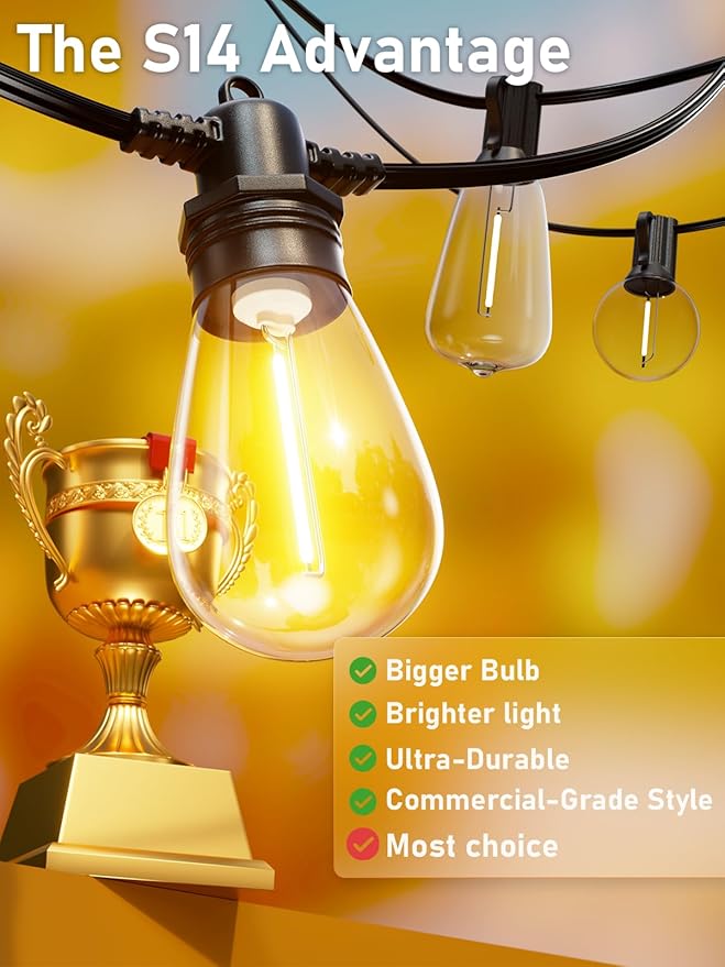 50FT LED Outdoor String Lights with 15 Edison Shatterproof IP65 Waterproof Bulbs, 2700K Dimmable Commercial Grade Patio Lights, Heavy Duty Outside Hanging Lights for Garden Porch Deck Decor