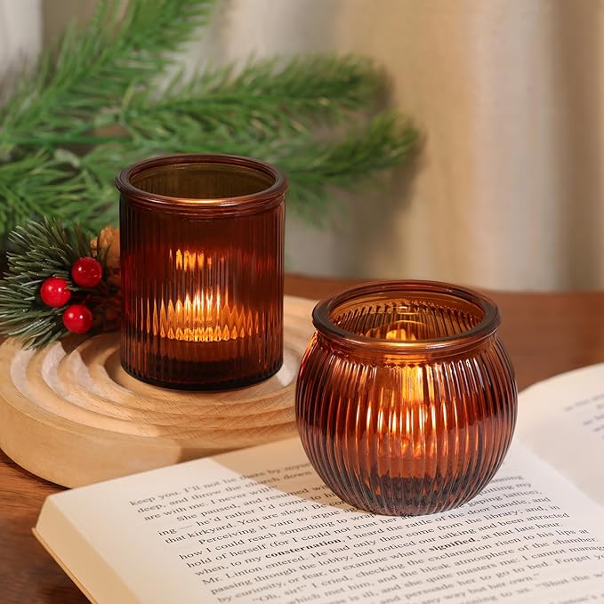 24pcs Assorted Amber Votive Candle Holders for Table Centerpiece, Fall Centerpieces for Tables, Ribbed Tea Lights Candle Holder for Wedding, Holiday and Vintage Decor
